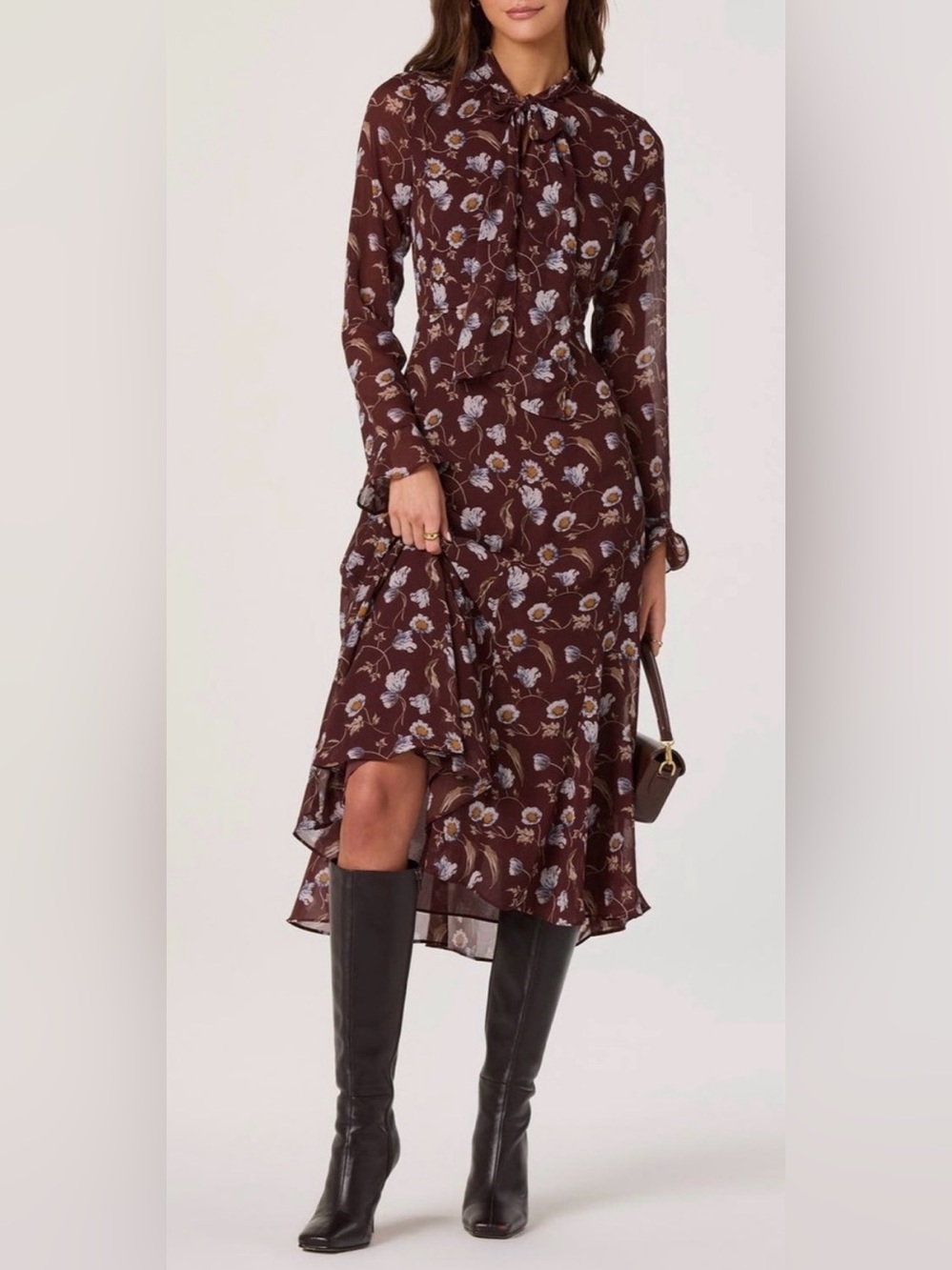 NWT ASTR The Label Brown Blue Floral Tie-Neck Midi Dress Size L - Picture 5 of 8